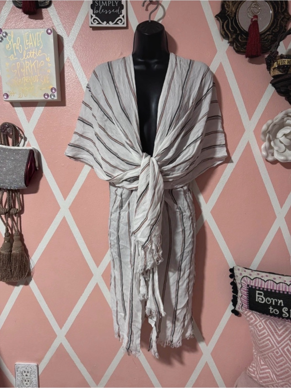 Elan Cream and Brown Striped Cotton Throw with Fringe